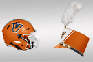 Orange football helmet and marching band hat.