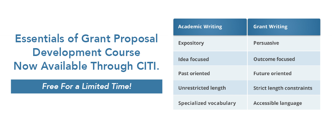  Essentials of Grant Proposal Development Course  Now Available Through CITI.  Free For a Limited Time!