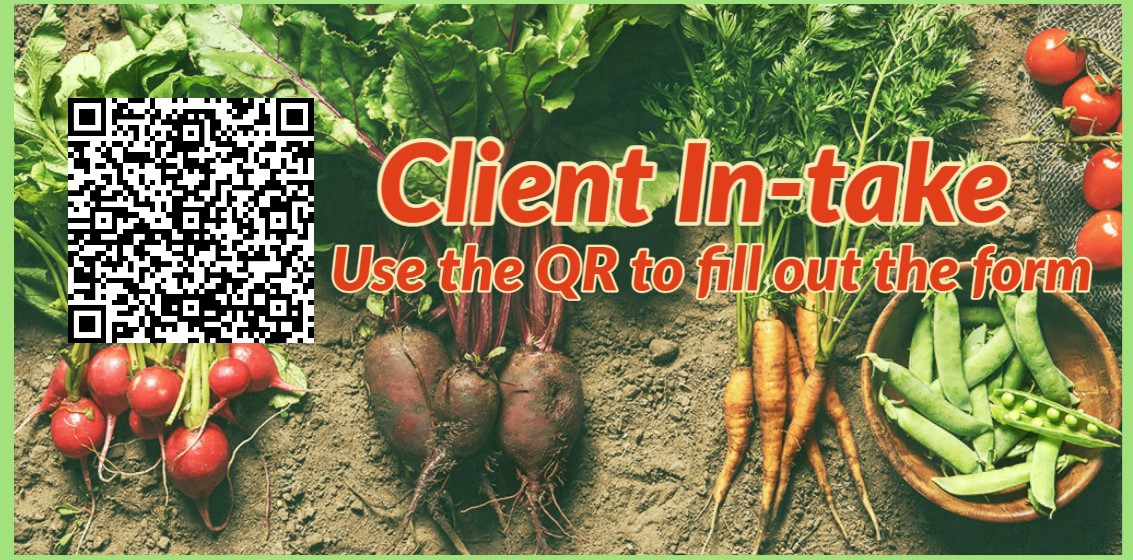 QR code and red letters on vegetable background
