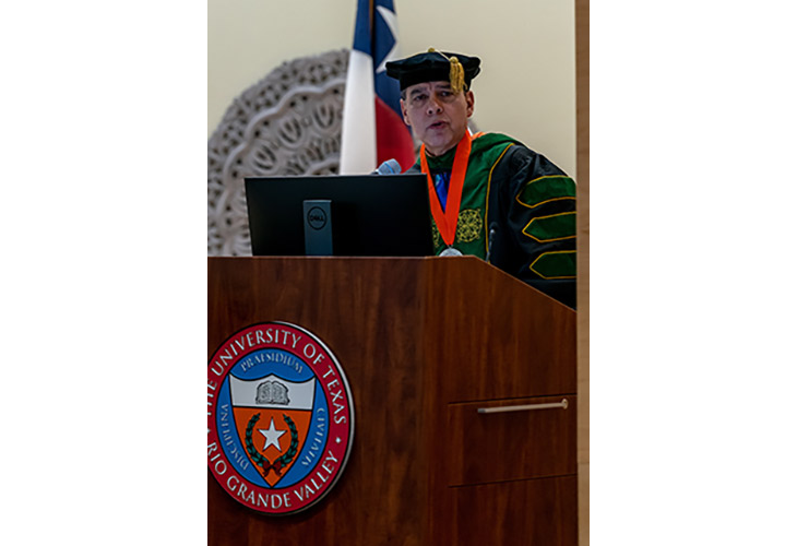 Dr. Leonel Vela, Senior Associate Dean for Education Resources, Chief Physician for Community Health Partnerships and Outreach, and Chair, Department of Population Health and Biostatistics, introduction to the ceremony.  Page Banner 
