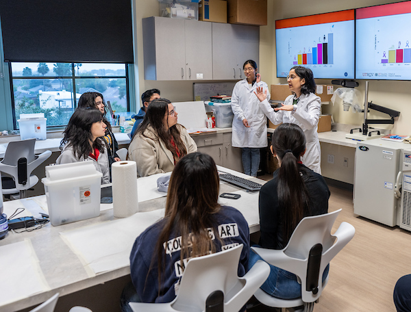 Faculty member standing in front of students during a research lab session. 