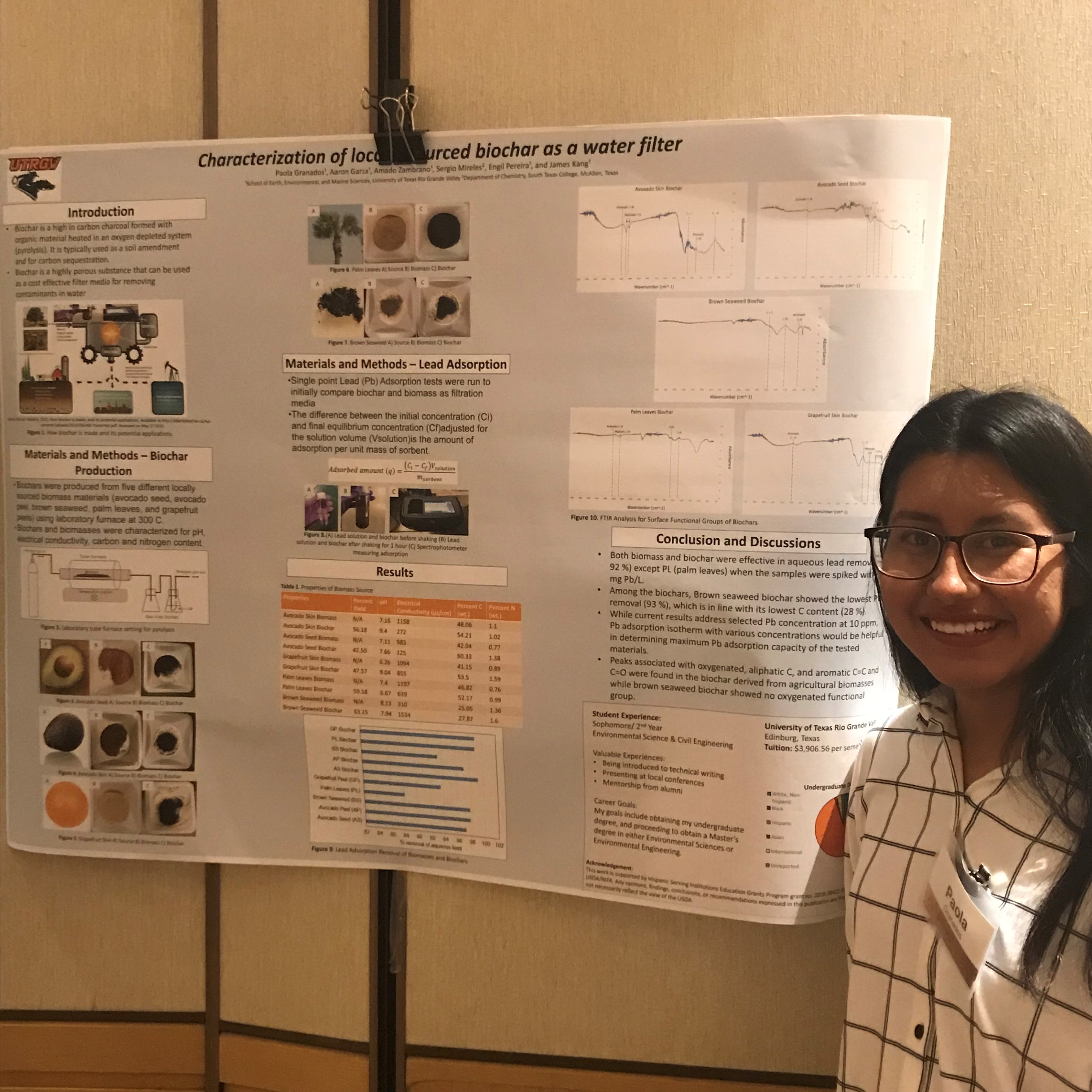 Paola Granados, undergraduate student in Environmental Science and Civil Engineering, presents her research on water decontamination using biochar.  