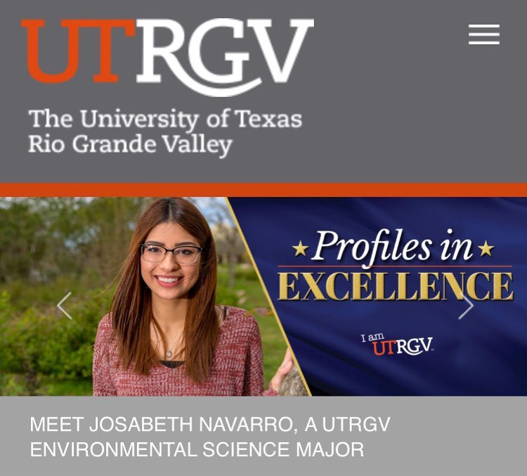 TRESS student Josabeth Navarro, senior in Environmental Science, is featured in the UTRGV webpage as student profile in excellence