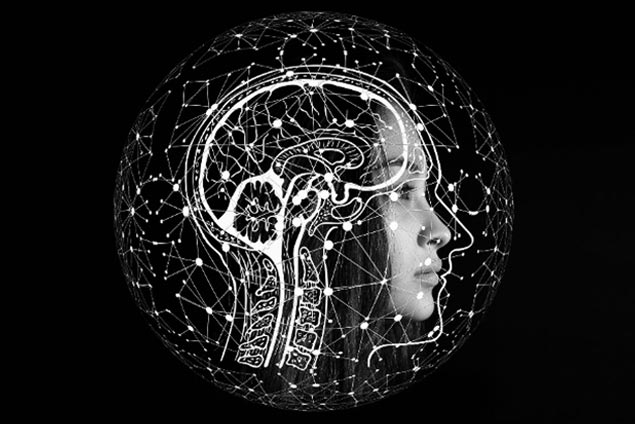 Black and white conceptual graphic of a woman's profile enclosed in a glowing sphere of interconnected lines and nodes, overlaid with a detailed illustration of a human brain cross-section.