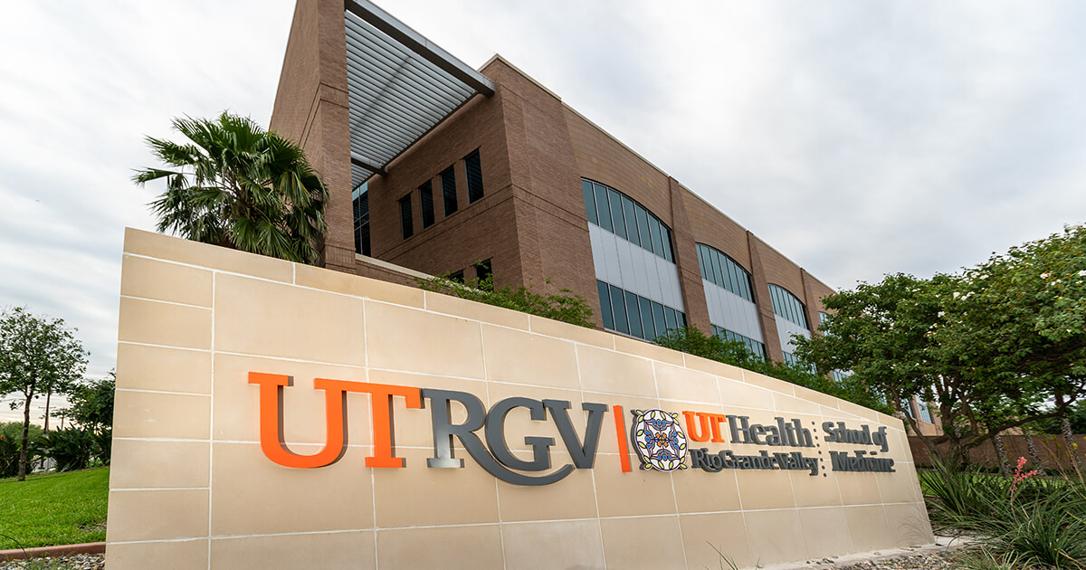 UTRGV School of Medicine building identified by a front sign for the Rio Grande Valley campus