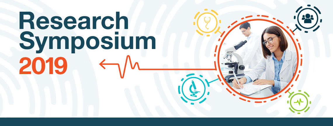 Research Symposium banner with doctor looking into microscope