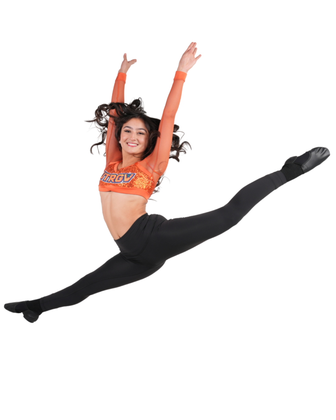 dancer in orange long sleeve and black leggings in a split leap