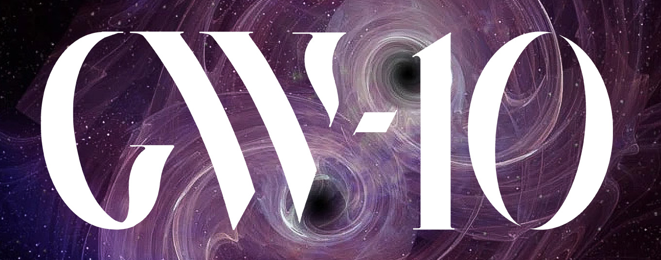 Letters "GW-10" in white against a background of purple-hued galaxy swirling around two black holes.