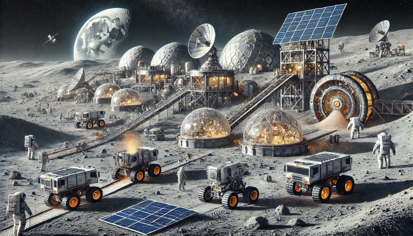 AI generated image of a lunar colony utlizing lunar regolith.