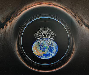 Digital rendering of a large satellite comprised of open hexagons hovering over Earth.