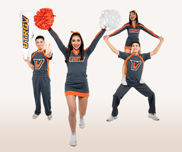 Photo collage of cheer team featuring 4 team members of the UTRGV Cheer Squad