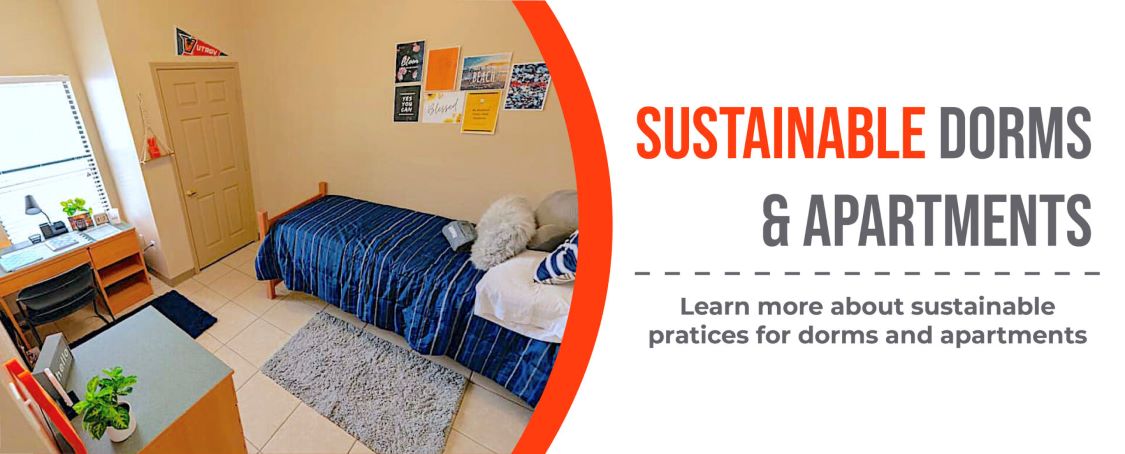 banner for sustainable dorms and apartments showing dorm room