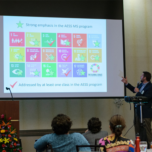 Dr. Gabler presenting at the ICSAC Conference displaying which sdg goals that project C.R.A.W.F.I.S.H contributes to