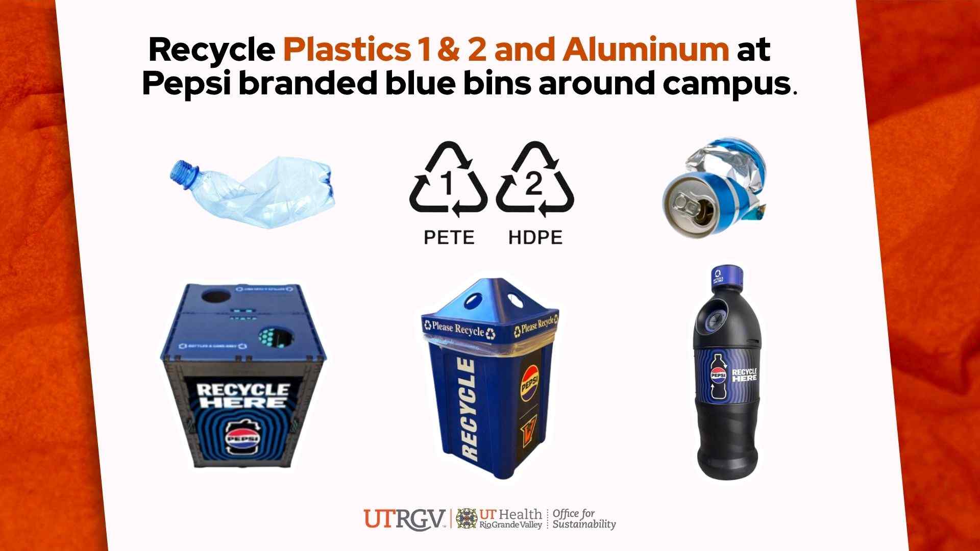 UTRGV Pepsi branded blue recycling bins for plastic and aluminum