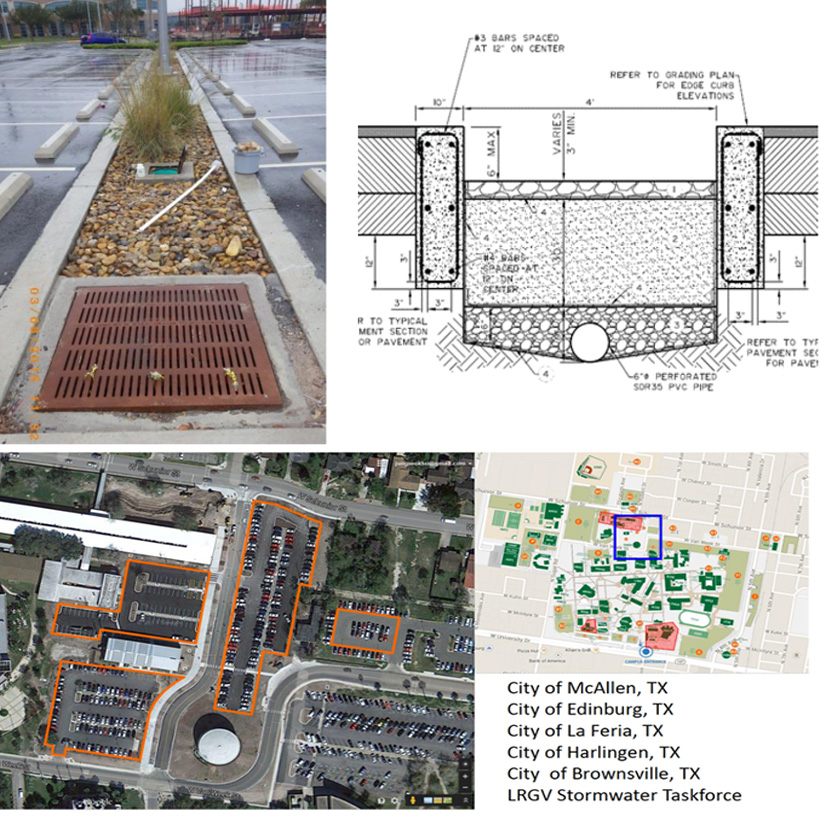 picture of a bioswale on one of UTRGV's parking lots and a map of other UTRGV bioswale locations