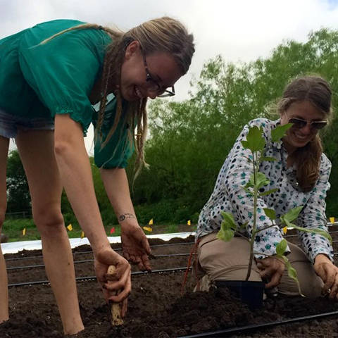 two women planting at the community garden photo from UTRGV Agroecology
