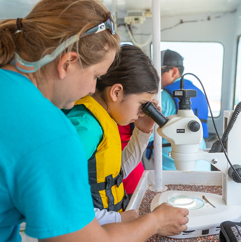 Participant from Ridley Floating Classroom looking into a microscope