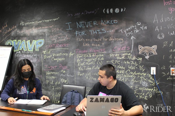 Program Coordinator Patricia Ramirez and graduate assistant Francisco Zamago are shown last Thursday in the Office for Advocacy & Violence Prevention (OAVP) at the Learning Center on the Edinburg campus. OAVP received a $550,000 federal grant from the Department of Justice’s Office on Violence Against Women for the Texas Stalking Project. The grant will provide resources to educate, raise awareness and understand signs of stalking and training for local law enforcement, community and campus advocates. Omar E. Zapata/The Rider Photos