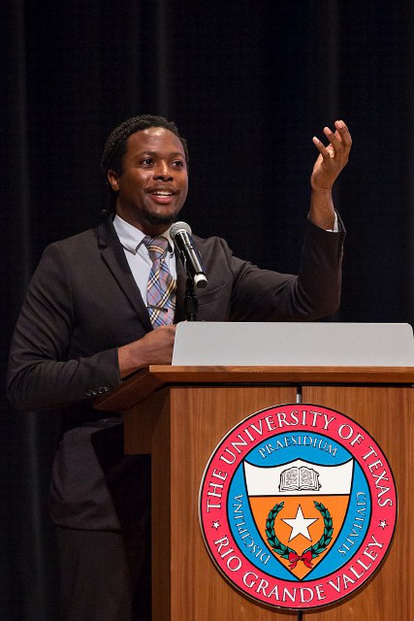 Peter James Ehimika, director of Student Success Initiatives and past president of the university’s Staff Senate, spoke during the UTRGV Fall Convocation in 2018. Most recently, he was elected chair for the UT System Employee Advisory Council (UT EAC), making him the first UTRGV employee to serve in that position. (UTRGV Archival Photo by Paul Chouy)