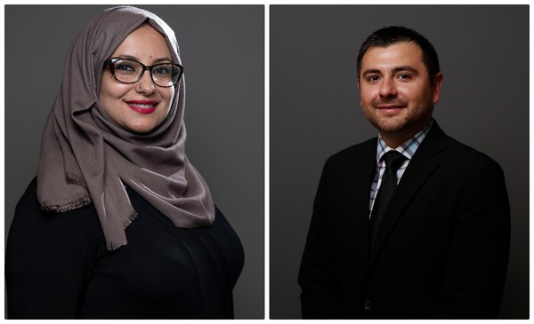 Dr. Tamara Al Rawwad, PhD, MPH, an assistant professor in the UTRGV School of Social Work, and Dr. Adrian Sandoval, a practicing clinical pharmacist in the UTRGV School of Medicine, are collaborating on research involving "The Role of Community Pharmacists in the Provision of Medication-Assisted Treatment in Rio Grande Valley." (UTRGV Photos by Paul Chouy)