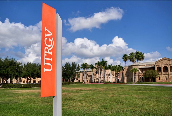 UTRGV Vertical Sign in front of Brownsville Campus main entrance