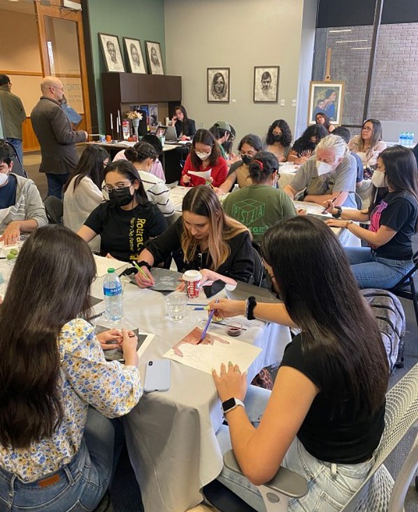 Rigoberto Gonzalez, Olga Alanis, Luis Corpus, and Dr. Katherine Moore McAllen host an Artists' Workshop for students during the CLAA Summit. (Courtesy Photo by Dr. Katherine Moore McAllen)