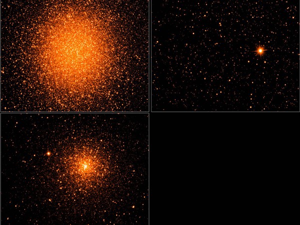 Top left: NGC 5139 (Omega Centauri cluster) located about 17,000 light years away. Top right: a field in the disk of the Milky Way, near the open cluster NGC 3766 (the Pearl cluster), with most stars about 8,000 light years away. Bottom left: NGC 6752, a globular cluster named the Great Peacock at 14,000 light years from Earth. (Images by Dario Grana, Horacio Rodriguez, and Dr. Matias Schneitter, IATE UNC. Images processed by Dr. Lucas Macri, TAMU)