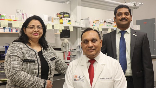 UTRGV recently received a $2.5 million CPRIT grant for an Integrated Cancer Research Core facility that will serve as a foundation for building the region's growing cancer research network. Overseeing the core will be faculty from the Department of Immunology and Microbiology at the UTRGV School of Medicine – Dr. Meena Jaggi, professor; Dr. Subhash Chauhan, professor and chair of the department; and Dr. Murali M. Yallapu, associate professor. (UTRGV Photo)