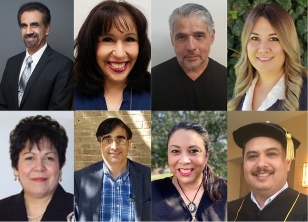 TOP ROW: Dr. Parwinder Grewal, Ph. D., executive vice president for Research, Graduate Studies and New Program Development and principal investigator of the project; Dr. Maritza De La Trinidad, Ph. D., associate professor of Mexican American Studies; Dr. Jose J. Gutierrez, Ph. D., professor, Department of Chemistry; Dr. Mayra L. Ortiz Galarza, Ph. D., assistant professor, School of Mathematical and Statistical Science. BOTTOM ROW: Dr. Olga Ramirez, Ph.D., professor, School of Mathematical and Statistical Science; Dr. Nicolas A. Pereyra, Ph. D., associate professor, Department of Physics and Astronomy; Dr. Stephanie Alvarez, Ph.D., associate professor of Mexican American Studies; Juan Salinas Jr., Ed., CEO, AVE Frontera