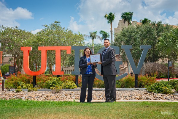 Noel Bernal, city manager for the City of Brownsville, and Jayshree Bhat, UTRGV’s assistant vice president for Office of Professional Education and Workforce Development. (Courtesy Photo)