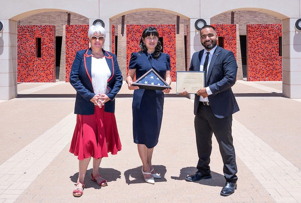 Dr. Vivian Incera, dean of UTRGV College of Sciences; Villalobos; and Javier Bustos, constituent field representative of Congressman Vicente Gonzalez.