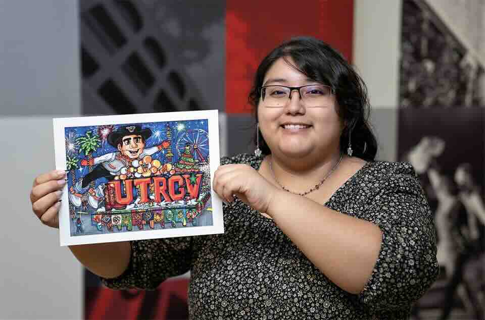 Maritza Flores, a cybersecurity major from Edinburg, won the 2023 President's Holiday Card Contest and received a $1,000 scholarship. Flores’s win shows that exercising your talents and perseverance pays off, as she participated in the contest in 2021 and 2022 and her designs were awarded runner-up placement both years. (UTRGV Photo by Paul Chouy)