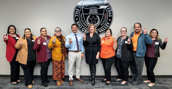 A celebration honoring the first cohort of graduates, made up of 76 UTRGV employees, from the UTRGV Master of Arts in Higher Education Administration program was held in November. Pictured are program graduates from the Division of Strategic Enrollment and Student Affairs with Dr. Magdalena Hinojosa (center), senior vice president for Strategic Enrollment and Student Affairs. (UTRGV Photo by Paul Chouy)