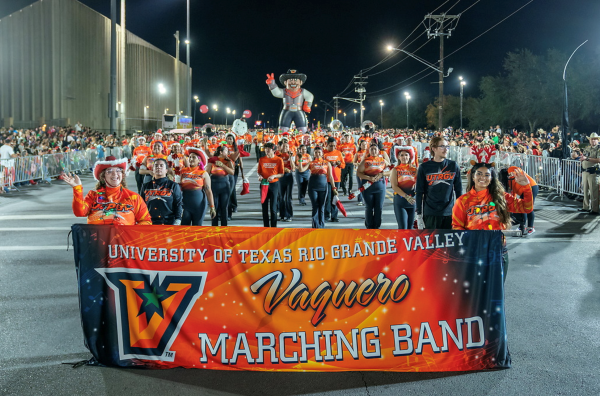 During the year of 2023, UTRGV saw impactful growth and recognition. The university welcomed it's first-ever marching band. The Vaquero Marching Band performed at the McAllen Holiday Parade in early December. (UTRGV Photo by Paul Chouy)