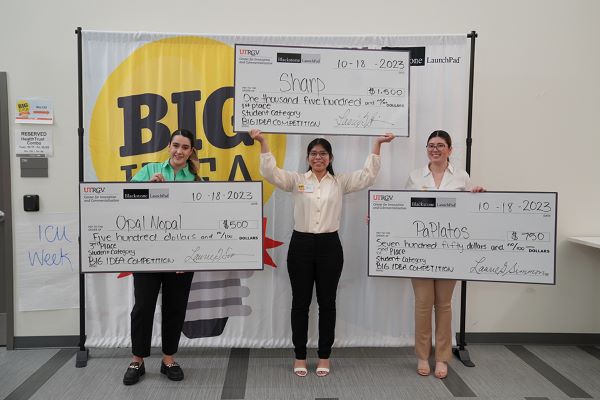 Top three winners in the student category (left to right) include UTRGV students: Jennifer Olivos (3rd place), a double major in Finance and Economics; Daisy Belmares (1st place), a junior and social work major; and Karla Medrano-Faz (2nd place), marketing major. (Courtesy Photo)