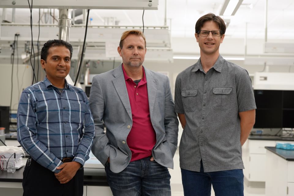 From left, Dr. Nirakar Sahoo, principal investigator; co-principal investigators Dr. Robert Dearth, director of the School of Integrative Biological and Chemical Sciences; and Dr. Bradley Christoffersen, assistant professor of Biology, gather at a UTRGV laboratory in the Edinburg Campus. Their collaborative efforts led to the successful securing of the NSF-MRI grant. Not pictured are senior personnel Dr. Jason Parsons and co-principal investigators Dr. Karen Lozano and Dr. Karen Martirosyan. (UTRGV Photo by María González)