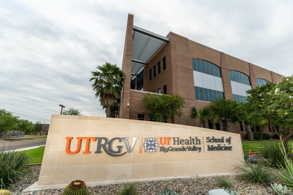 UTRGV's school of medicine building and sign