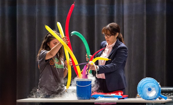 Dr. Karen Lozano, the Julia Beecherl Endowed Professor in mechanical engineering and director of the UTRGV Nanotechnology Center of Excellence, demonstrates a fun and interactive experiment in March 2017 during a symposium hosted by the UTRGV College of Engineering and Computer Science.