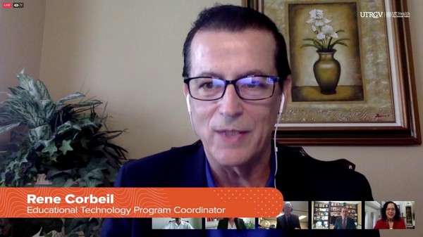 Dr. Rene Corbeil, UTRGV professor in the Teaching & Learning Department and program coordinator for the Master of Education in Educational Technology, participating in a webinar on "The Frontier: E-Learning in the Age of COVID-19," hosted by the UTRGV Graduate College in October 2020. (UTRGV Photos by Paul Chouy)