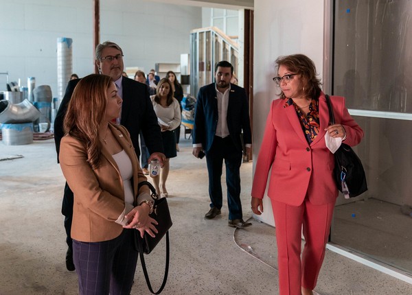 Assistant Secretary of Commerce for Economic Development Alejandra Y. Castillo (right), U.S. Economic Development Administration, toured the site of the collaborative eBridge Center for Business and Commercialization at UTRGV on Tuesday in Brownsville. The center is a collaboration between UTRGV, the UTRGV Entrepreneurship and Commercialization Center, Brownsville Community Improvement Corporation, Brownsville Chamber of Commerce, Lower Rio Grande Valley Economic Development Council, City of Brownsville, U.S. Economic Development Administration and U.S. Small Business Administration. (UTRGV Photo by David Pike)