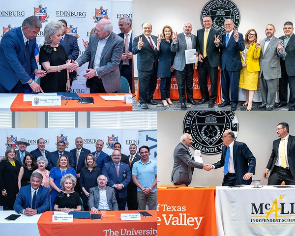 Edinburg CISD and McAllen ISD signed Memorandums of Understanding with UTRGV in support of establishing Collegiate High Schools in their areas. Two separate signing ceremonies were held on Wednesday, March 23, in Edinburg and McAllen. (UTRGV Photos by David Pike and Paul Chouy)