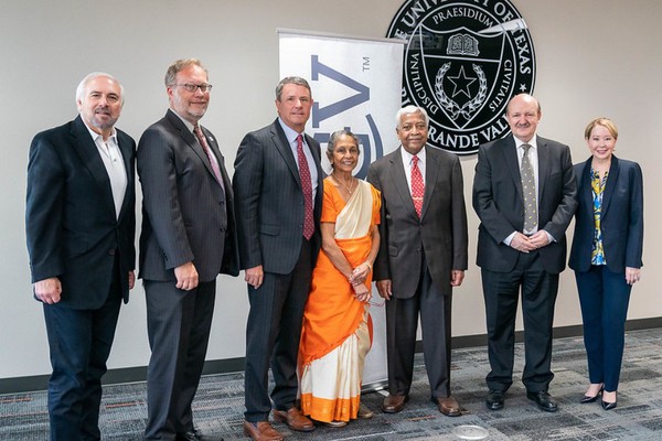 UTRGV on March 21 officially announced the appointment of Dr. Ihsan Salloum as the endowed chair in the Institute of Neuroscience, benefiting the UTRGV School of Medicine. Mid-Valley physicians Dr. Subram Krishnan and Dr. Elizabeth Krishnan established the Sujata G. Krishnan Endowed Chair in Neuroscience benefitting the UTRGV School of Medicine, in honor of their daughter. From left are UTRGV President Guy Bailey; Dr. Michael Dobbs, chair of the UTRGV School of Medicine’s Department of Neurology; Dr. Michael Hocker, dean of the UTRGV School of Medicine and senior vice president for UT Health RGV; Mid-Valley physicians Dr. Elizabeth Krishnan and Dr. Subram Krishnan; Dr. Ihsan M. Salloum, director of the UTRGV School of Medicine’s Institute of Neuroscience and chair of the UTRGV Department of Neuroscience; and Dr. Kelly Nassour, executive vice president for Institutional Advancement. (UTRGV Photo by David Pike)