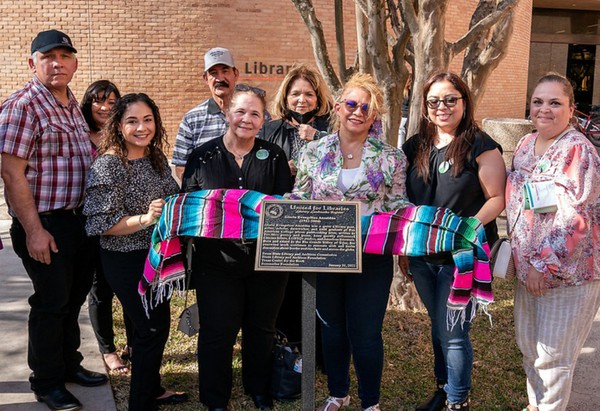 Family members of Gloria Anzaldúa pose with the literary landmark honoring the university alumna at an unveiling event hosted by the UTRGV Center for Mexican American Studies on March 28 at the UTRGV Edinburg Campus.
