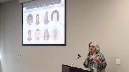 The UTRGV Office for Sustainability (OFS) held a reception May 4 to recognize students from its Graduate Sustainability Fellowship program, which engages students in research for sustainable development. UTRGV Chief Sustainability Officer Marianella Franklin gave the opening remarks. (Courtesy Photo)