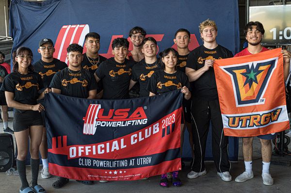 The inaugural members of Club Powerlifting at UTRGV include: (front row from left) Alexa Prado, Edgar Duran, Juventino Guerrero, Miguel Barrera and Brianna Saenz. Back row from left are Evan Sanchez, Orlando Morales Jr., Bryan Huffman, Ray Pecina, Allan Benavidez and Sergio Lerma. Six members of the team qualified for the 2024 USAPL Collegiate Nationals in Atlanta, Ga., in April. (Photo by Bryan Huffman)