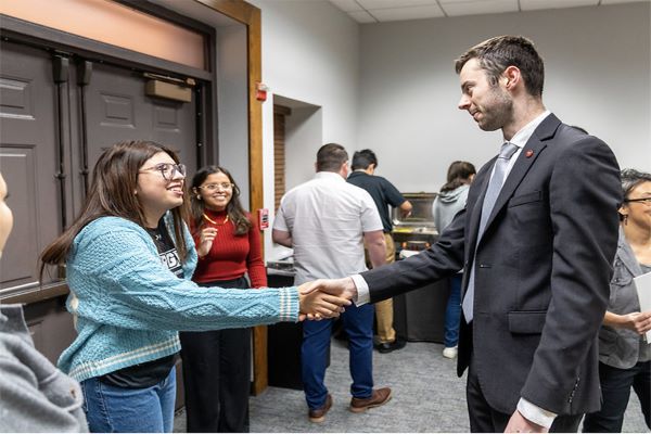 UT System Student Regent John Michael Austin during his visit to UTRGV on Monday, Feb. 19, 2024. Austin's goal was to familiarize himself with the diverse campus and engage in conversations with students and administrators about campus achievements and aspirations.