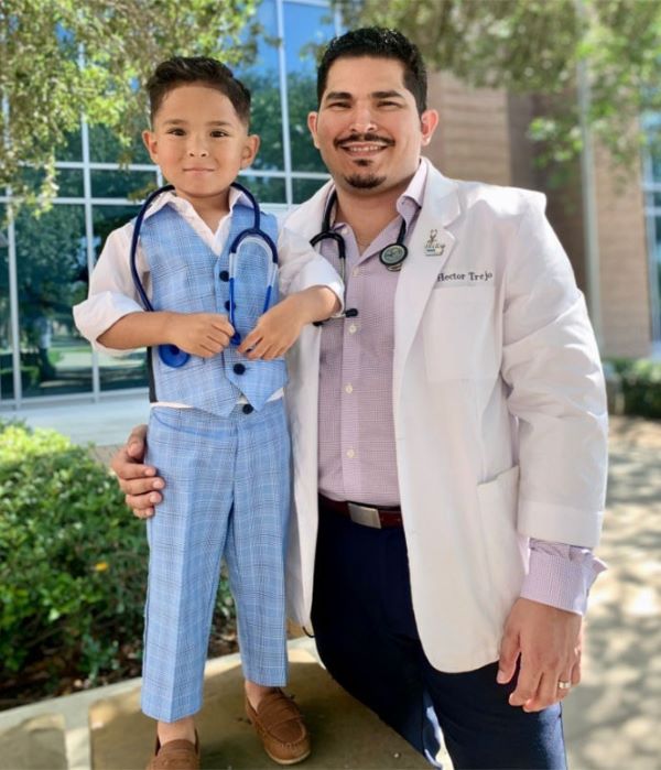 Hector Trejo, a UTRGV School of Medicine third-year medical student, who is pictured with his son Gabriel, encourages other medical school applicants to stay strong and motivated. Medical school, community and fatherhood are difficult to juggle, he says, but none is burdensome. (Courtesy Photo)