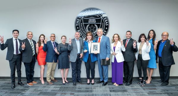 Group photo at the press conference where Janet and Robert Vackar announce the Janet Ogden Vackar Spirit of Philanthropy Endowed Scholarship for students in the UTRGV College of Liberal Arts on Wednesday, June 28, 2023 at the Rio Bank Building in McAllen, Texas. (UTRGV Photo by Paul Chouy)