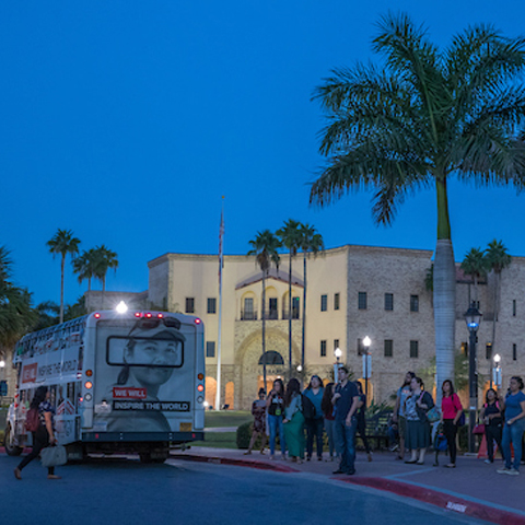 Early morning on the UTRGV Brownsville Campus. Students waiting on transport to the Edinburg Campus. Photo taken by David Pike