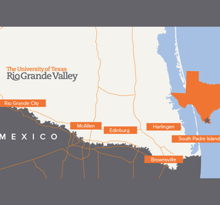 The University of Rio Grande Valley Map: Rio Grande City, McAllen, Edinburg, Harlingen, South Padre Island, Brownsville, Mexico